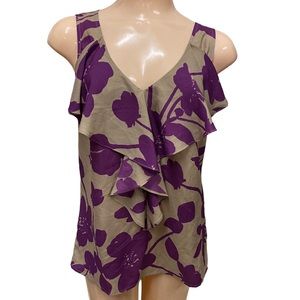 Floral Ruffle Sleeveless Top V-Neck Blouse Casual Tank‎ Tan Purple.